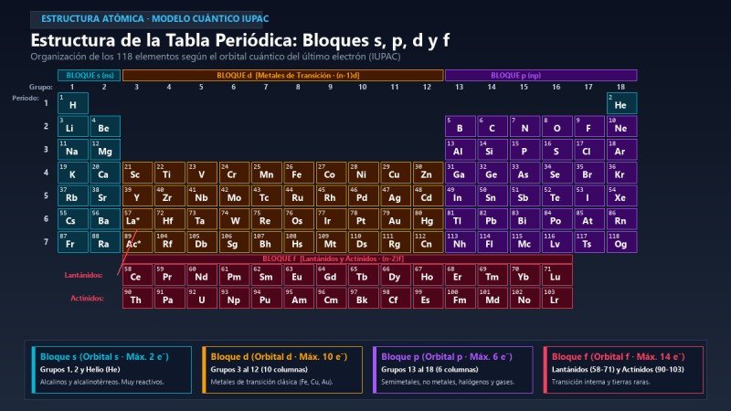 Estructura general y bloques de la tabla periódica de los elementos químicos