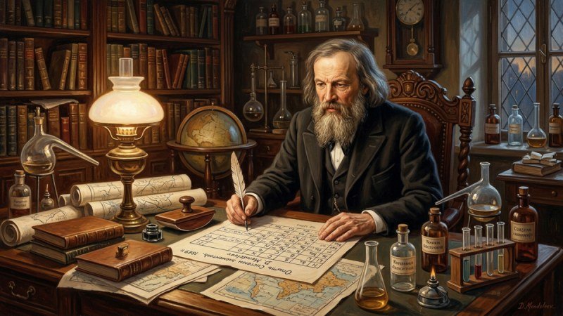 Dmitri Mendeléyev formulando el sistema de la tabla periódica en 1869