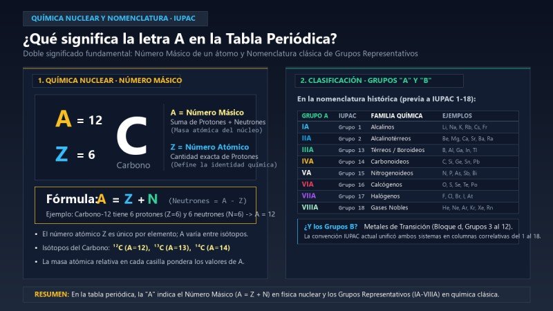 Significado de la letra A en la tabla periódica: número másico y grupos representativos