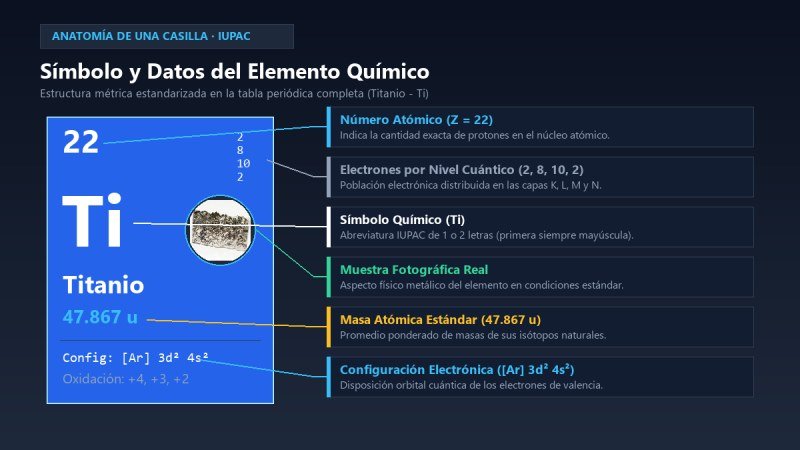 Anatomía de una casilla y símbolo químico en la tabla periódica de los elementos